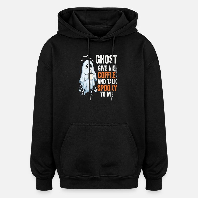 Spooky Ghost with Coffee Illustration - Oversized Unisex Hoodie - black
