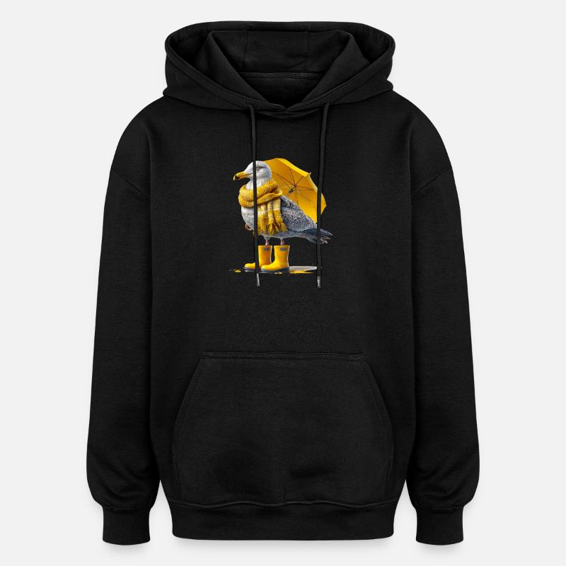 Seemöwe mit Gelbem Regenschirm und Boots - Oversized Unisex Hoodie - Schwarz