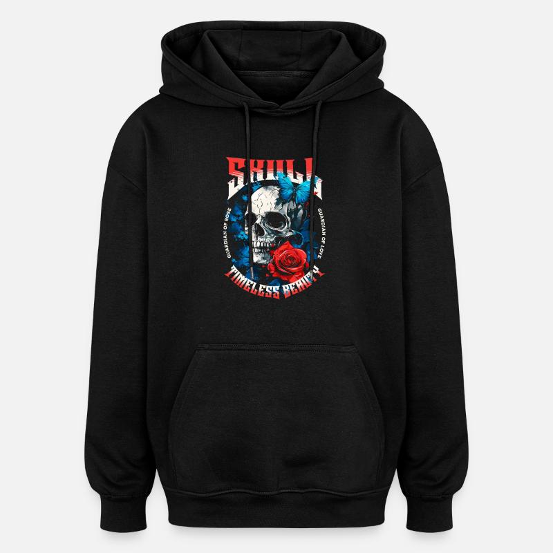 Crâne, Crâne, Papillon, Rose, Fleur - Sweat à capuche oversize unisexe - noir