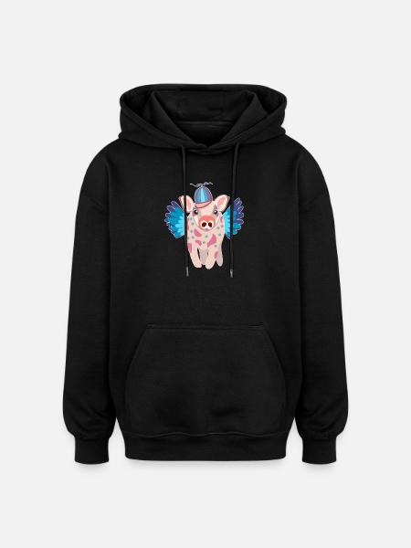Pastel Winged Pig with Beanie - Oversized Unisex Hoodie - black