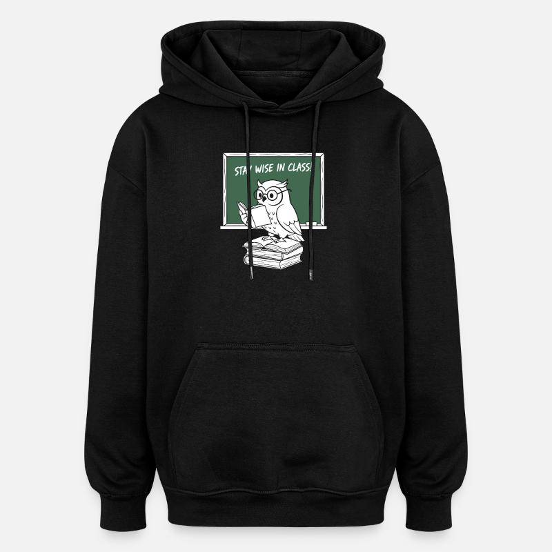 Wise owl reading in class - Oversized Unisex Hoodie - black