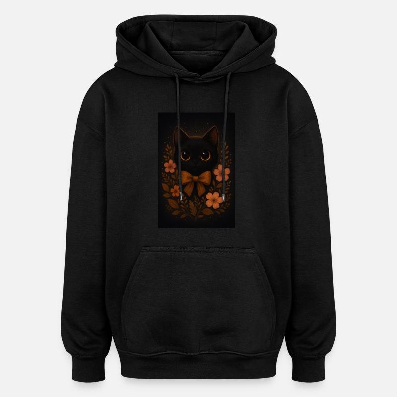 Chat noir avec fleurs - Sweat à capuche oversize unisexe - noir