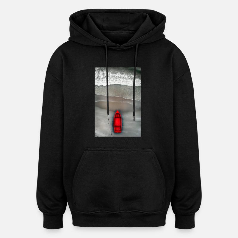 Rotes Boot am Grauen Ufer - Oversized Unisex Hoodie - Schwarz