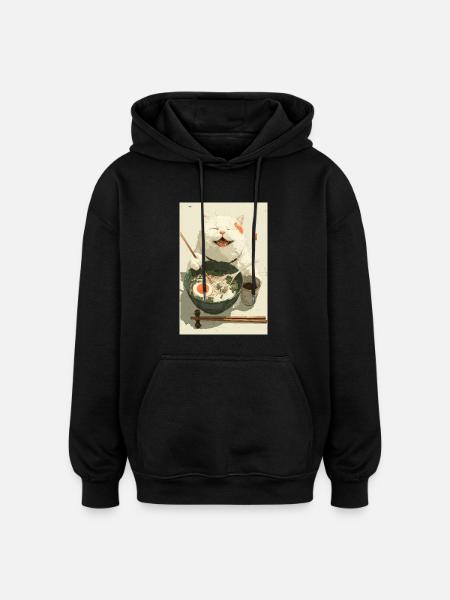 Happy White Cat Eating Ramen - Oversized Unisex Hoodie - black