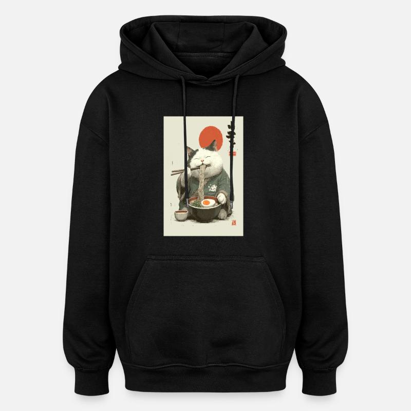 Samurai Cat Slurping Ramen - Oversized Unisex Hoodie - black
