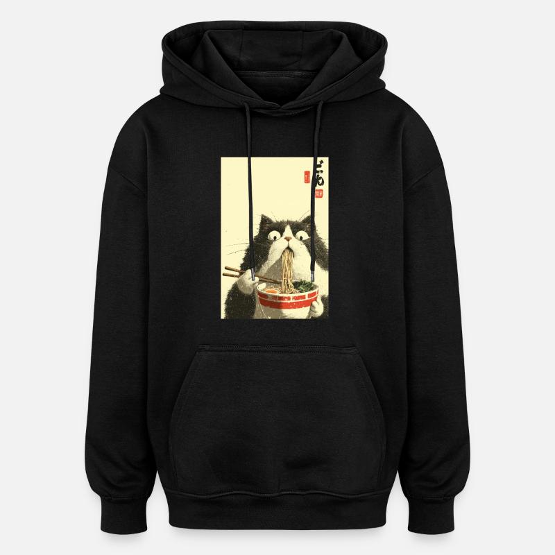 Surprised Cat Eating Ramen - Oversized Unisex Hoodie - black