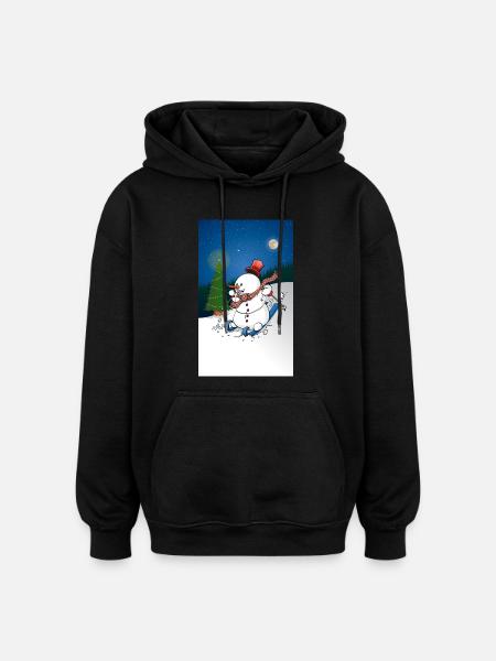 Illustration of a cheerful snowman on skis - Oversized Unisex Hoodie - black