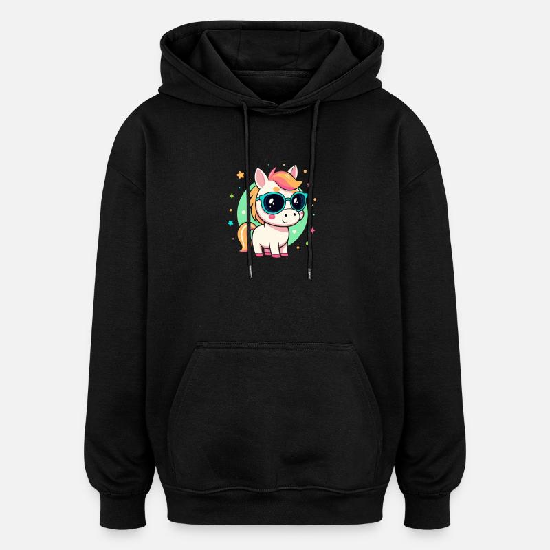 Regenbogenpony mit Brille - Oversized Unisex Hoodie - Schwarz