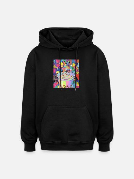Cute Bunny Funny Boba Bubble Tea - Oversized Unisex Hoodie - black