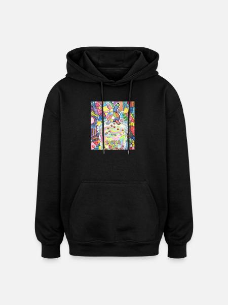 Cute Bunny Funny Boba Bubble Tea - Oversized Unisex Hoodie - black