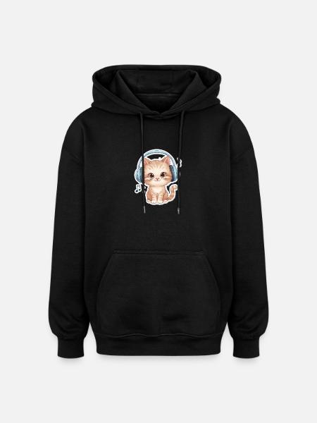 Cute Cat with Doodle Headphones - Oversized Unisex Hoodie - black