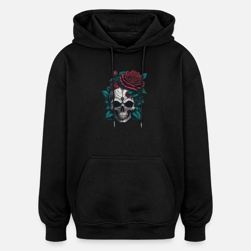 Crâne avec des roses - Sweat à capuche oversize unisexe - noir