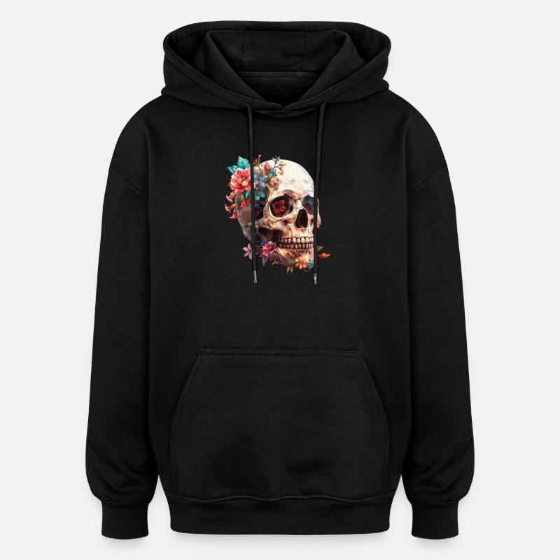 Crâne, crâne avec des fleurs - Sweat à capuche oversize unisexe - noir
