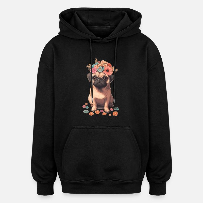 Mops mit Blumen - Oversized Unisex Hoodie - Schwarz