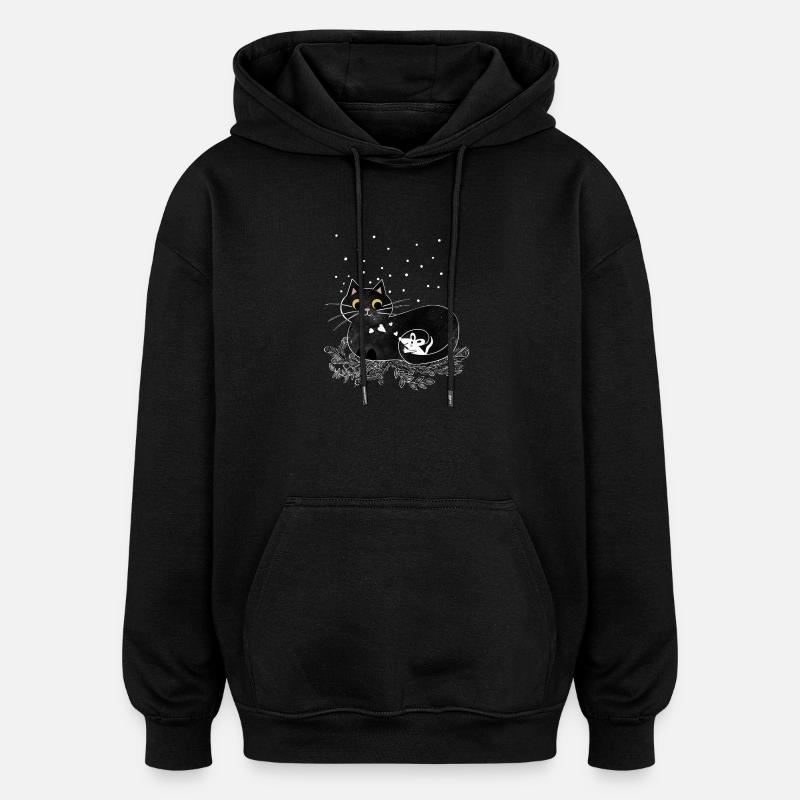 Cat Mouse Winter Illustration - Oversized Unisex Hoodie - black