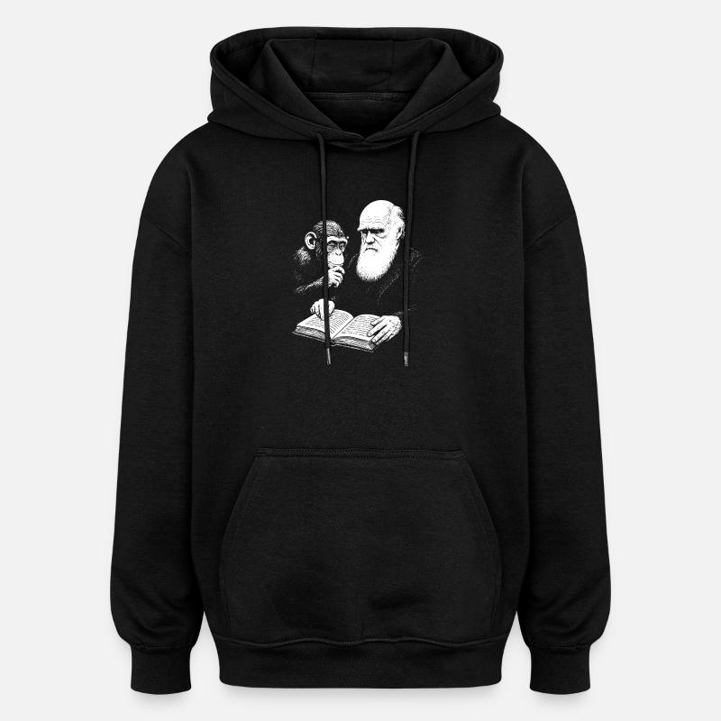 Charles Darwin studying with Monkey  - Oversized Unisex Hoodie - black