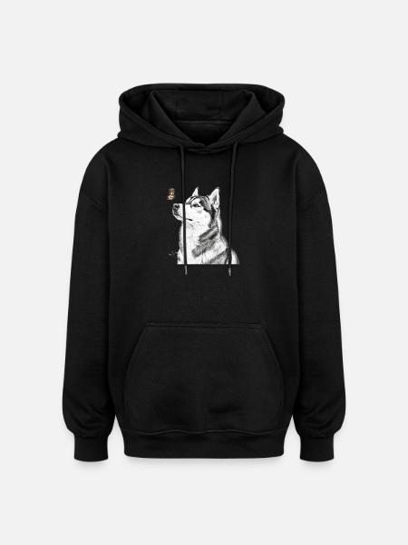 Husky with Butterfly Banksy Style Motif - Oversized Unisex Hoodie - black