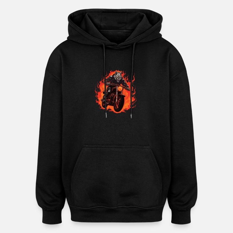 Motorcycle Biker Wolf Flame - Oversized Unisex Hoodie - black