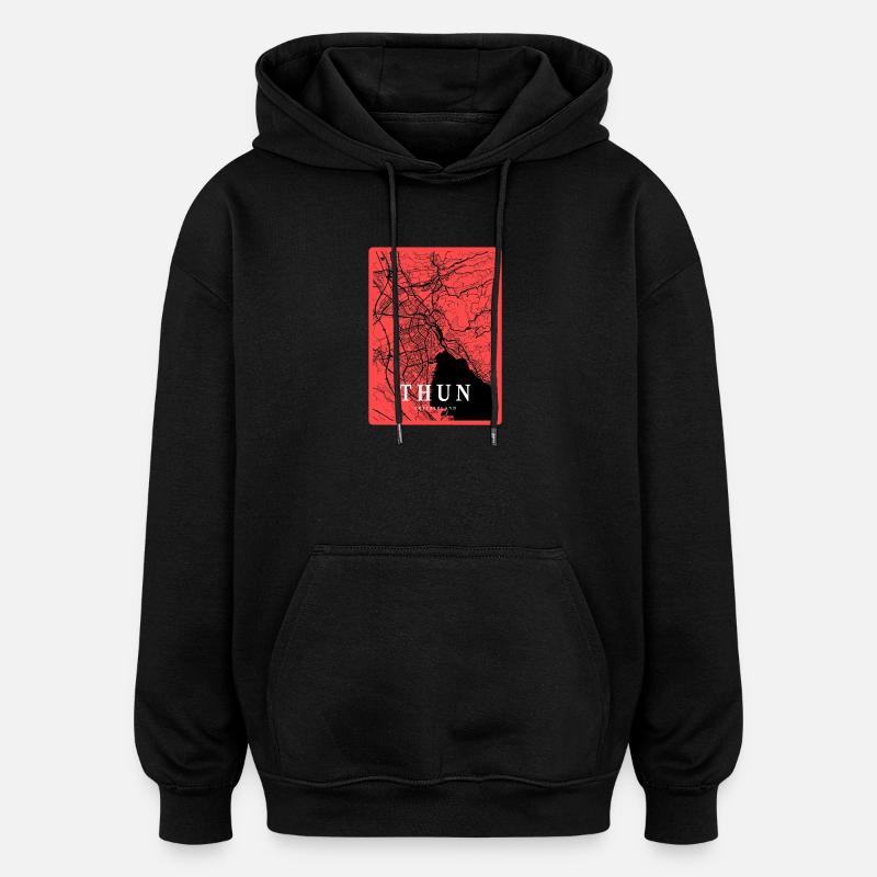 Thun Stadtkarte im Rotkontrast - Oversized Unisex Hoodie - Schwarz
