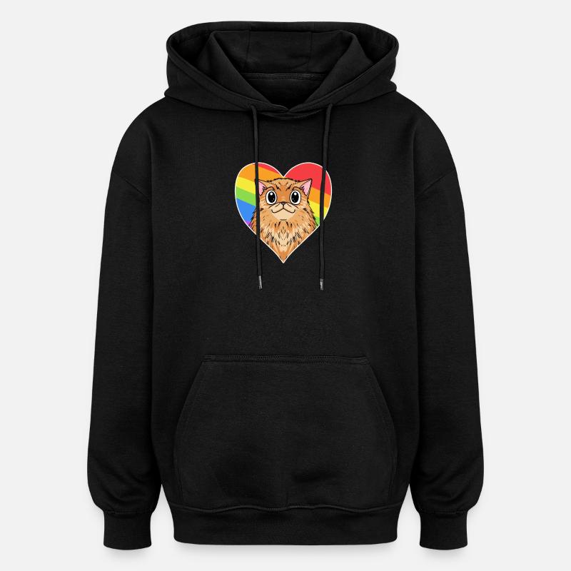 Rainbow - Cat with heart - Oversized Unisex Hoodie - black