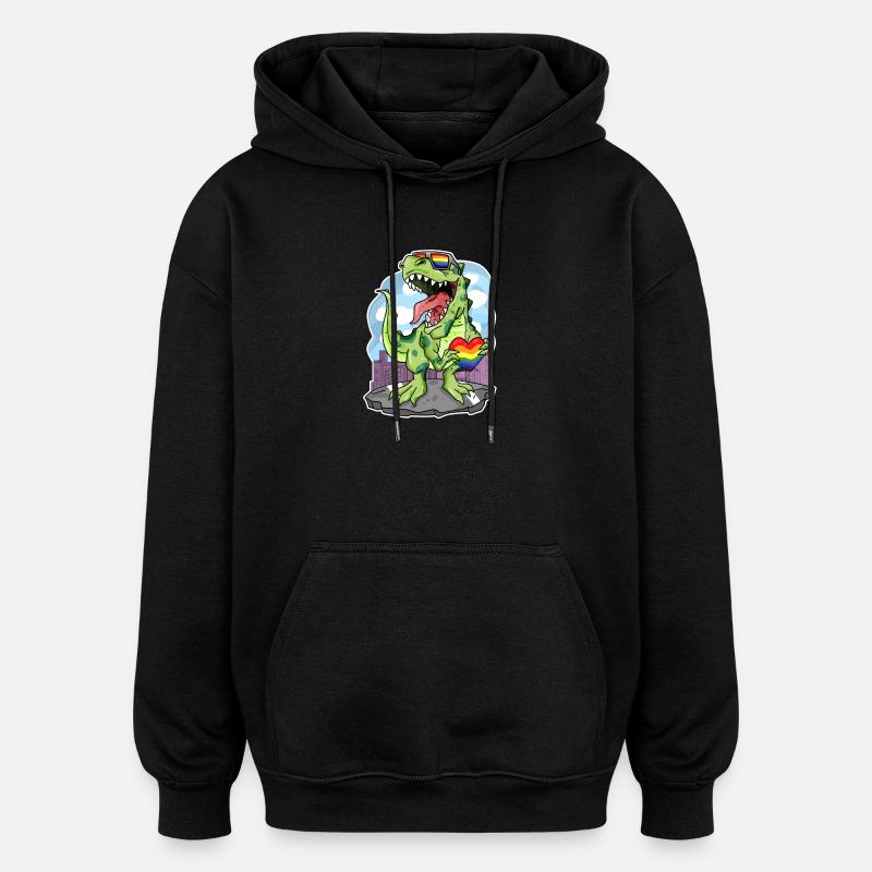 Dino Rainbow Heart Dinosaure - Sweat à capuche oversize unisexe - noir