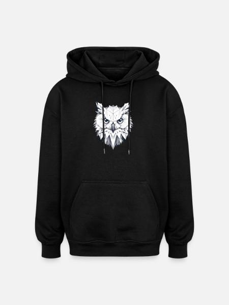 Geometric Snow Owl Polygons Motif - Oversized Unisex Hoodie - black