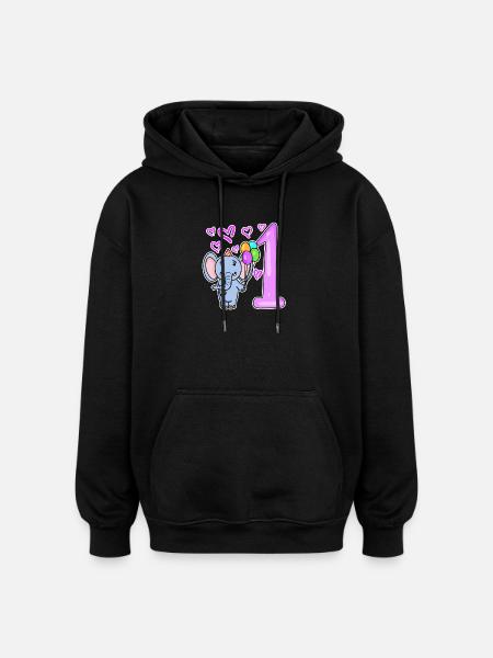 First Birthday Elephant with Balloons - Oversized Unisex Hoodie - black