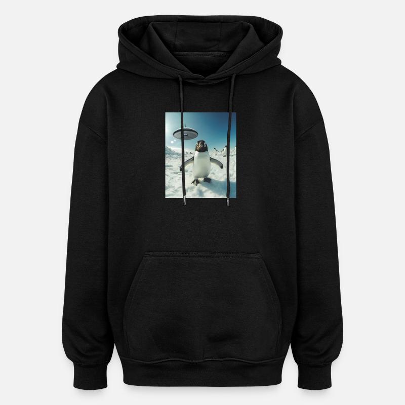 Selfie de pingouin avec OVNI - Sweat à capuche oversize unisexe - noir