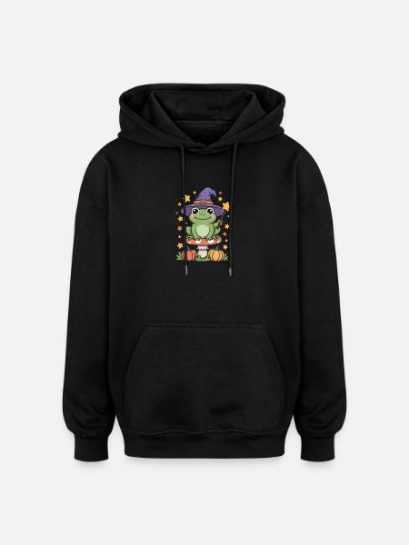 Witch frog on toadstool with pumpkins - Oversized Unisex Hoodie - black