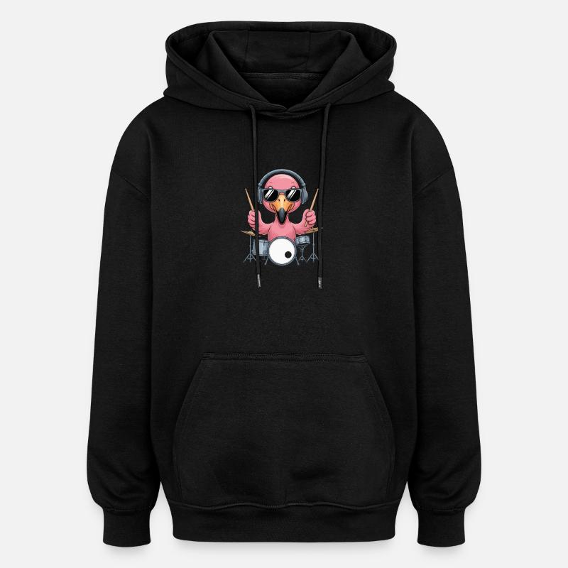 Flamingo Drummer Mit Kopfhörer Und Sonnenbrille - Oversized Unisex Hoodie - Schwarz