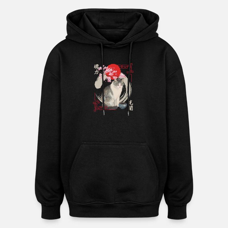 Chat japonais en fleurs de cerisier - Sweat à capuche oversize unisexe - noir