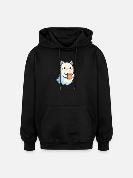 Coffee Ghost Cat with Mug - Oversized Unisex Hoodie - black
