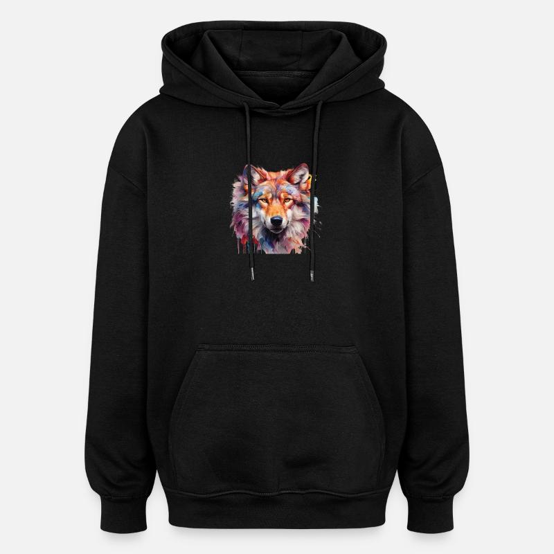Bunter Wolf – Abstraktes Tierportrait Design - Oversized Unisex Hoodie - Schwarz