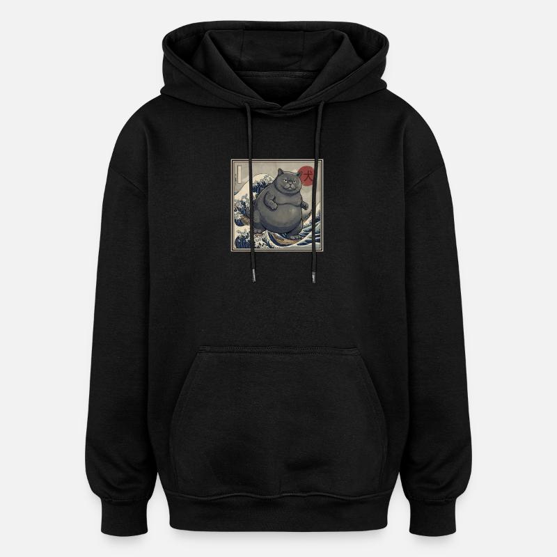 Chat Kaiju japonais 犬 Grosse Vague Hokusai - Sweat à capuche oversize unisexe - noir
