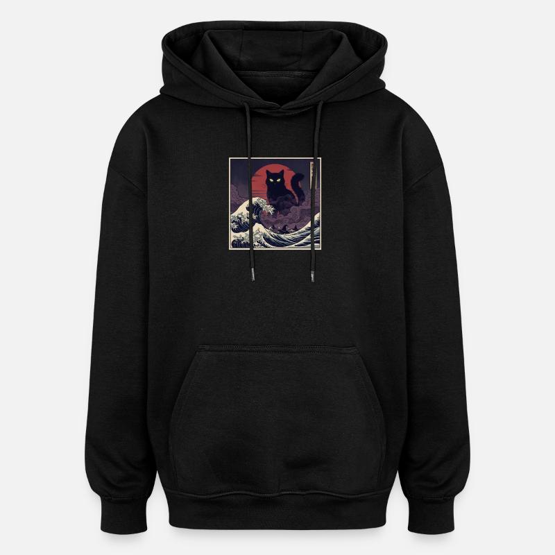 Giant Kaiju Cat Over Waves 巨猫怪獣現る - Oversized Unisex Hoodie - black