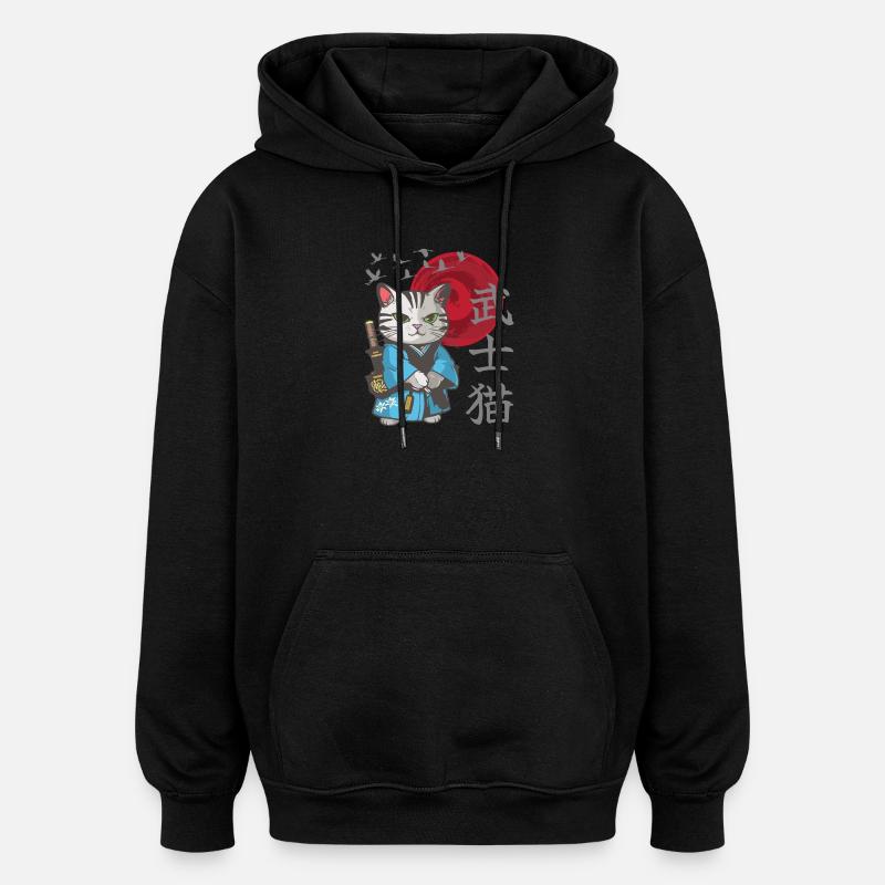Gatto anime Gattino samurai giapponese - Felpa con cappuccio unisex oversize - nero