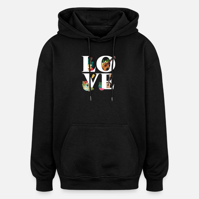 Ukulélé hawaïen Ukulélé Love - Sweat à capuche oversize unisexe - noir