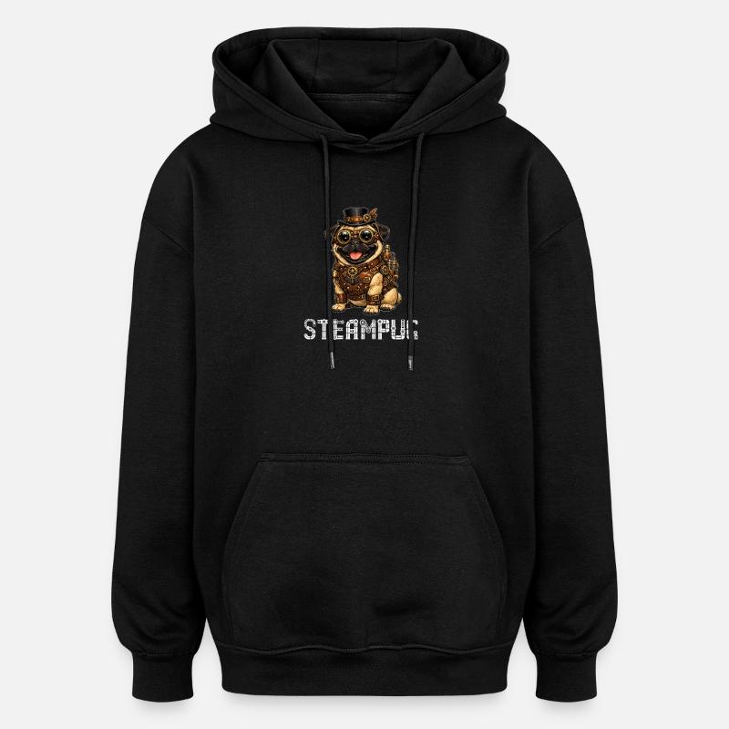 Steampug Steampunk Pug Mops - Felpa con cappuccio unisex oversize - nero