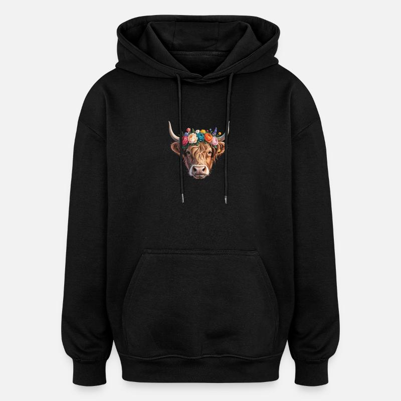 Kuh mit Blumenkrone - Oversized Unisex Hoodie - Schwarz