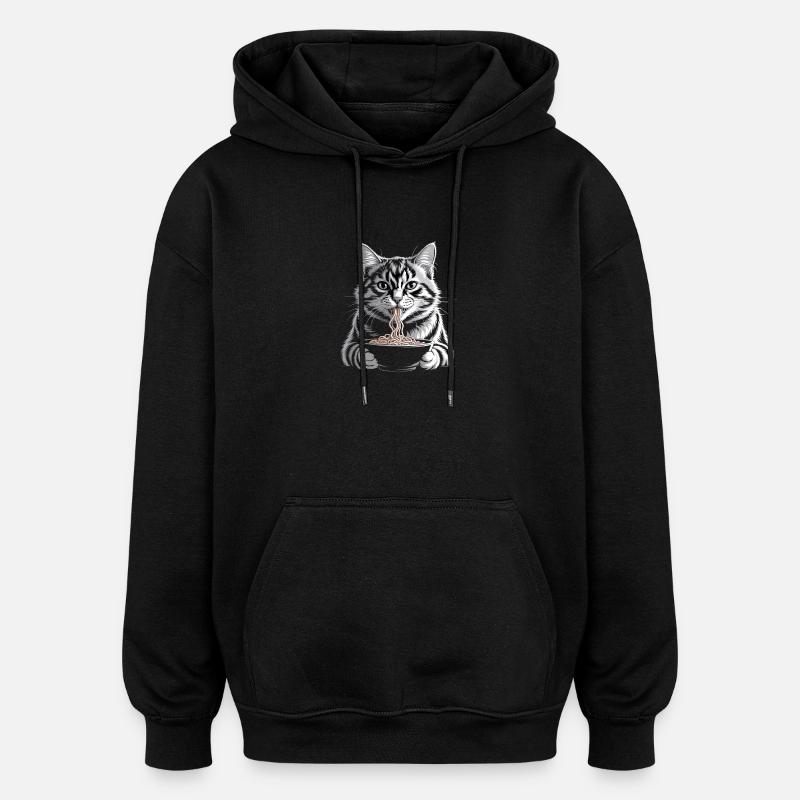 Cat Eats Ramen - Oversized Unisex Hoodie - black