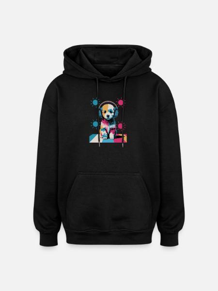 Chiot caniche avec un casque - Sweat à capuche oversize unisexe - noir