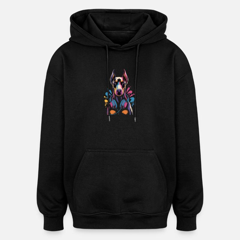 Dobermann mit Kopfhörern - Oversized Unisex Hoodie - Schwarz