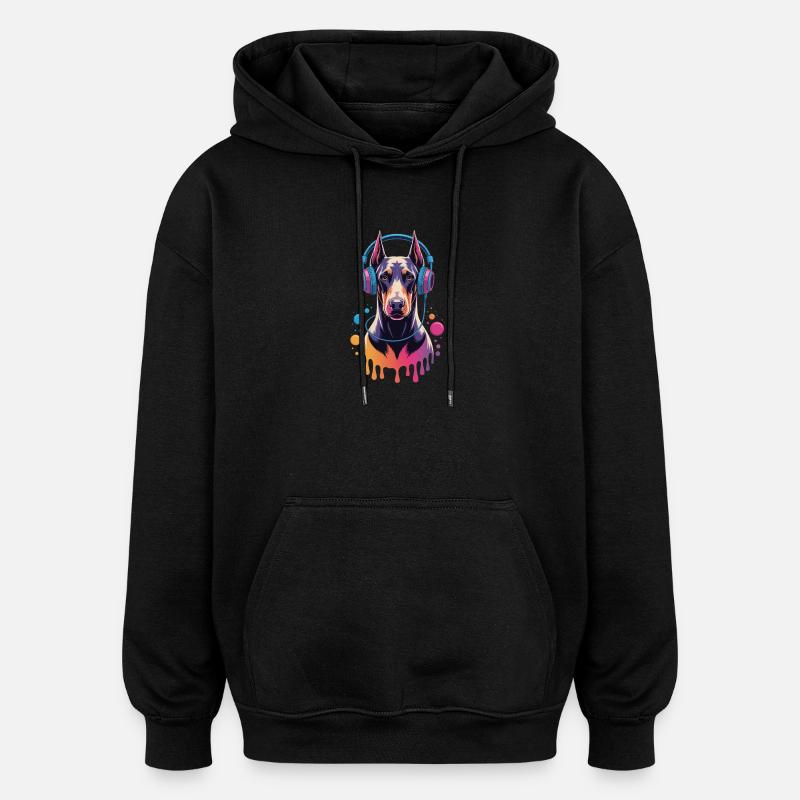 Doberman avec casque - Sweat à capuche oversize unisexe - noir