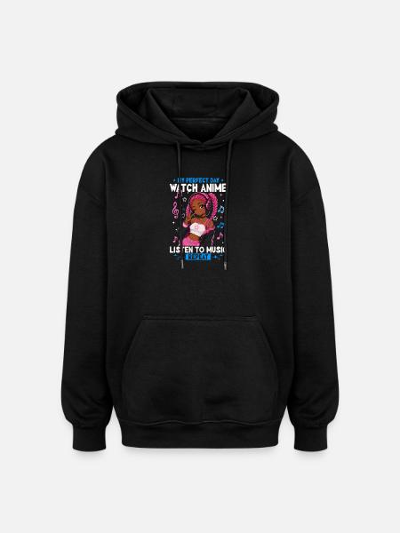 Anime and Music Chibi Black Girl - Oversized Unisex Hoodie - black