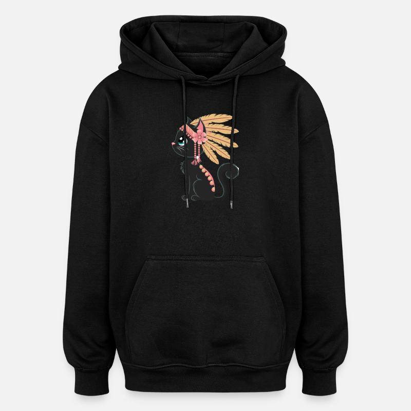 Boho Feather Cat - Oversized Unisex Hoodie - black
