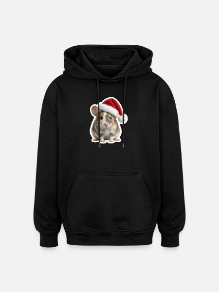 Cute mouse with big Christmas hat - Oversized Unisex Hoodie - black