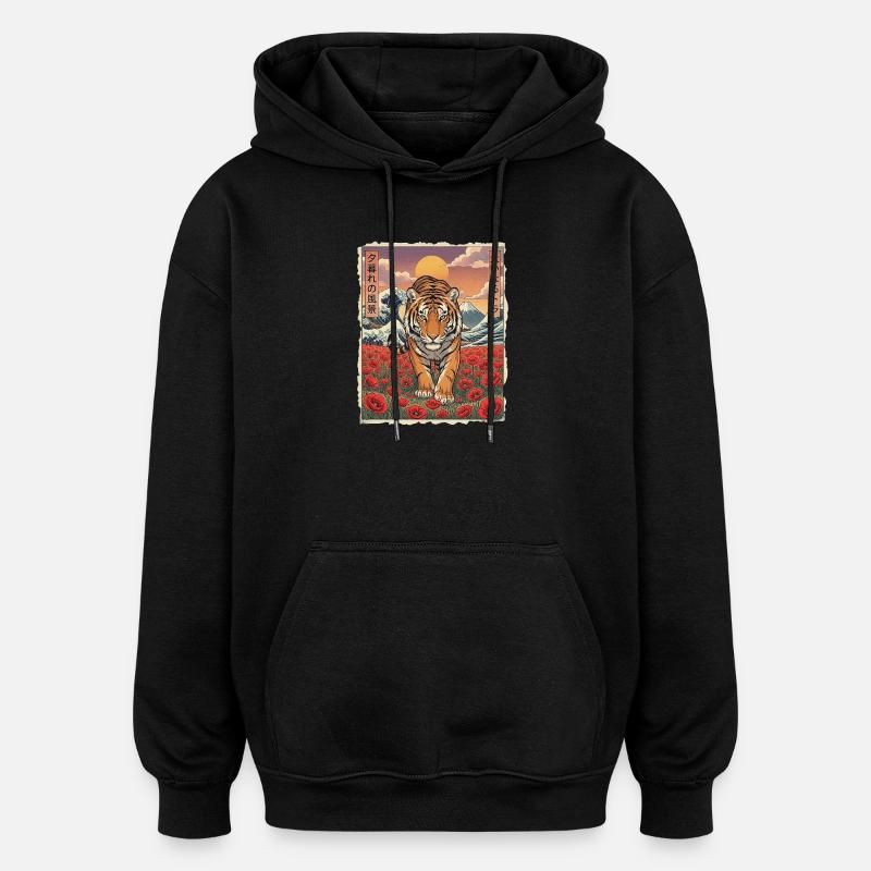 Tiger Mohnblumen Kawaii - Oversized Unisex Hoodie - Schwarz