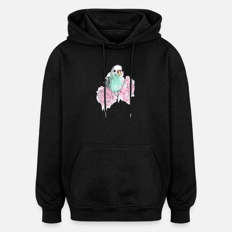 Budgerigars and peonies - Oversized Unisex Hoodie - black