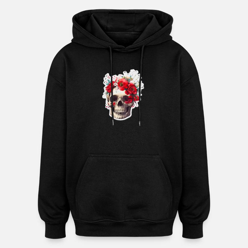 Crâne à fleurs rouges - Sweat à capuche oversize unisexe - noir