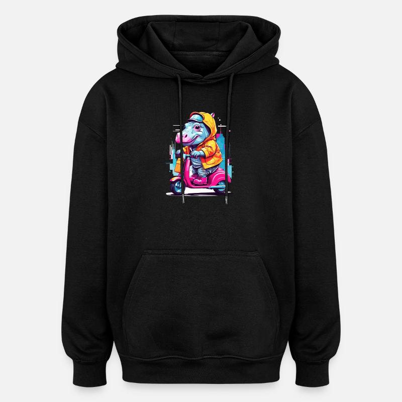 Hippopotame en scooter - Sweat à capuche oversize unisexe - noir